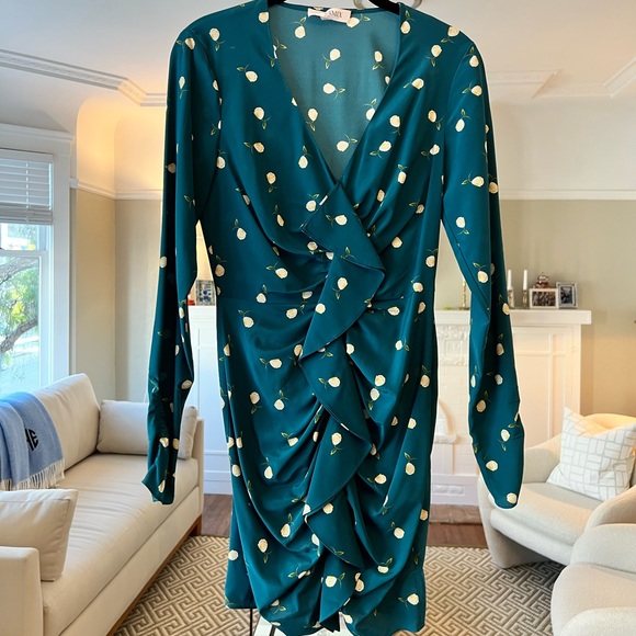 Intermix Teal Floral Long Sleeve Silk Mini Dress - Picture 3 of 9